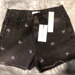 Khaki + Blue butterfly embroidered jean shorts